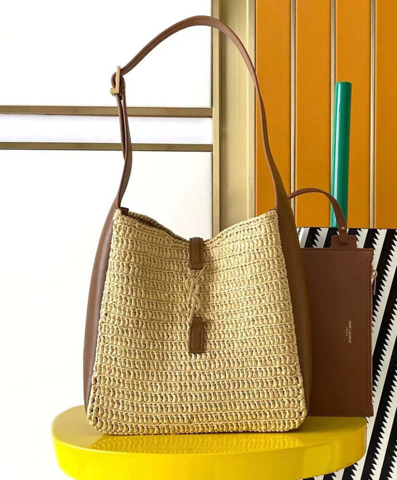 Saint Laurent Le 5 A 7 Supple Small In Raffia And Leather Coffee